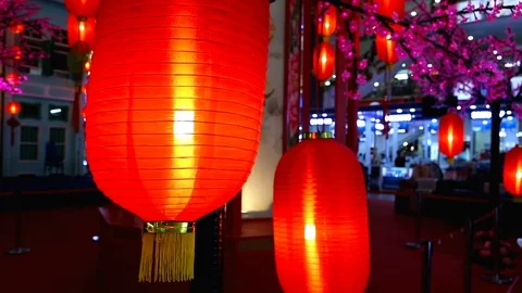 Chinese lanterns. LED Lighting, Colourful festoons, New Year Video stock 89694584