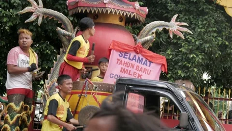 Chinese lion dance drummers beating drum in the performance show Stock Footage 134171597