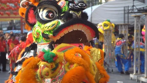 Chinese lions dance performing Video stock 104397115