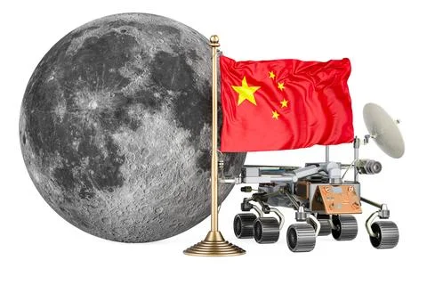 Chinese Lunar Exploration Program. Planetary rover with Moon and Chinese fl.. Stock-Illustration