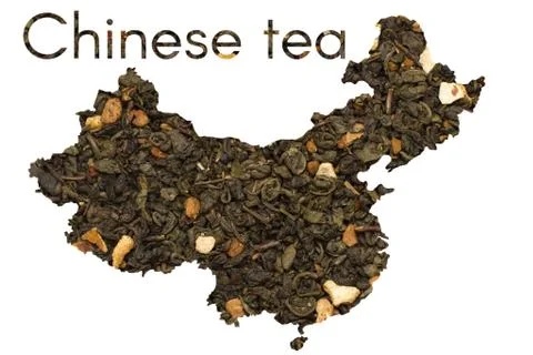 Chinese map shape made of green tea leaves with citrus  and fruits Stock Illustration