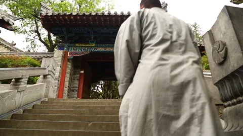 Chinese monk walking up the staircase Stock Footage 88677616