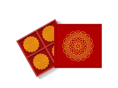 Chinese moon cake in opened gift box, top view, vector Stock Illustration