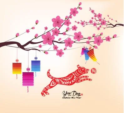 Chinese new year 2018, background with lantern and plum blossom (hieroglyph:  Stock Illustration