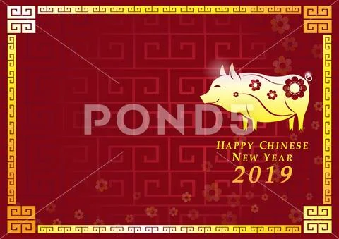 The Chinese new year 2019 card with Abstract gold border pig zodiac. Stock Illustration