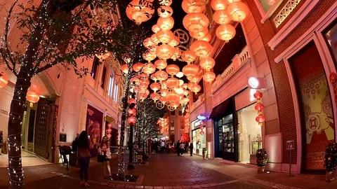Chinese new year 2019 decorations Lee Tung Avenue, Hong Kong, China. Stock Footage 102365643