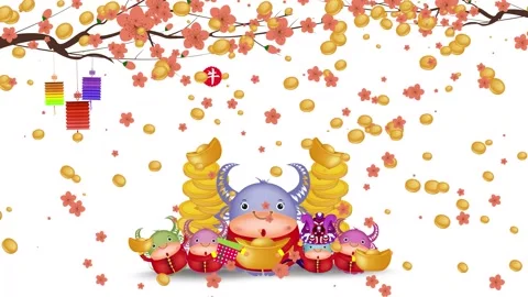 Chinese new year 2021, background with Ox, lantern and plum blossom (Chinese tra Stock Footage 142197871