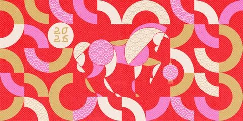 Chinese New Year 2026 abstract geometric tile design with horse, simple Stock Illustration