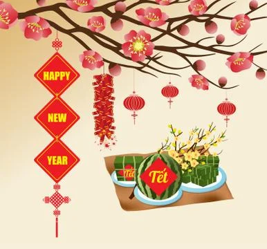 Chinese new year background blooming sakura branches, Vietnamese new year. (T Stock Illustration
