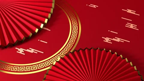Chinese new year background with red paper fans and golden ornaments motion.. Vídeos de archivo 332315669