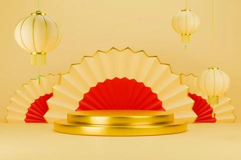Chinese New Year beige podium with white fans and yellow lanterns. Stock Illustration