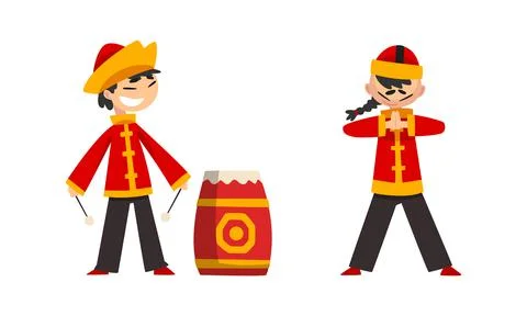 Chinese New Year Decoration Elements Set, Boys in Traditional Chinese Costume Stock Illustration