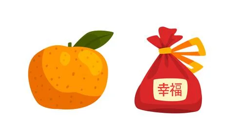 Chinese New Year Decoration Elements Set, Red Lucky Bag, Fresh Tangerine Fruits Stock Illustration