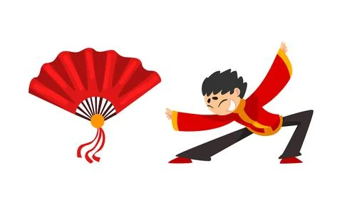 Chinese New Year Decoration Elements Set, Red Fan, Boy in Red Traditional 스톡 일러스트