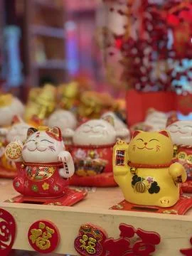 Chinese New Year Decoration - Two Lucky Cats in Focus Stock Photos