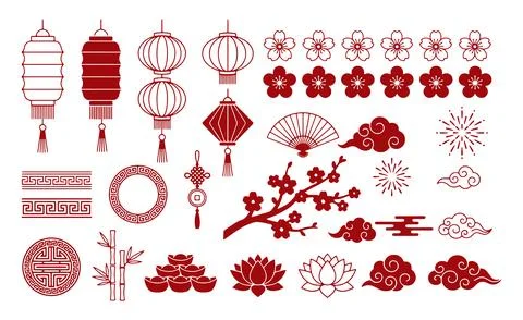 Chinese New Year Decorative Elements Lanterns Flowers Clouds Symbols 스톡 일러스트