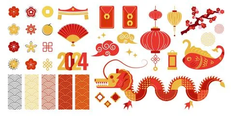 Chinese New Year design elements set, decorative vector objects, Asian decor イラスト素材