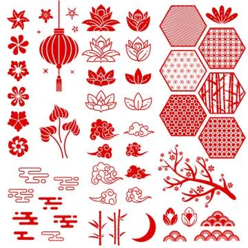 Chinese new year elements. Festive oriental asian style. Red cloud, flowers and イラスト素材