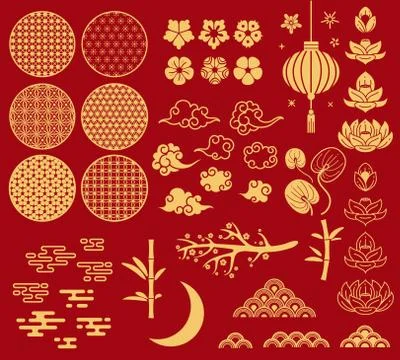 Chinese new year elements. Festive asian ornaments, patterns in oriental style Illustrazione stock