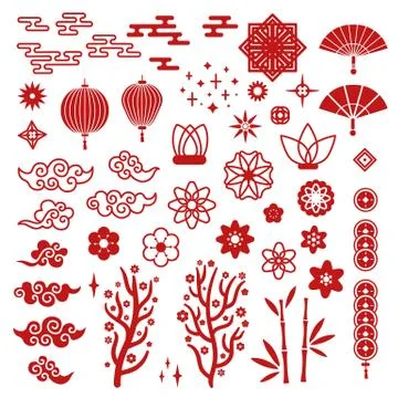 Chinese new year elements. Red asian traditional pattern, cloud and decorative Illustrazione stock