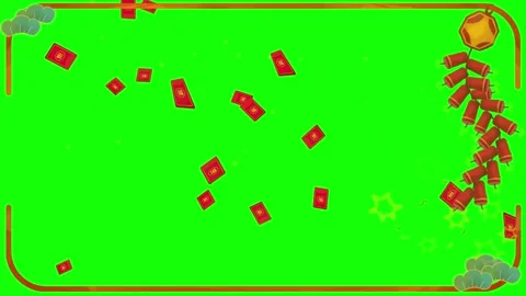 Chinese New Year festive border with red envelopes and firecrackers on green 库存影片 343908066