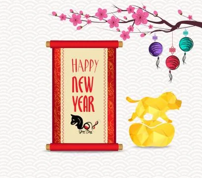 Chinese New Year festive vector card with scroll and chinese calligraphy 스톡 일러스트