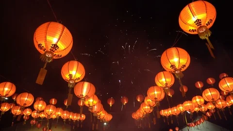 Chinese new year firework at lantern light display Stock Footage