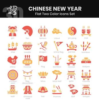 Chinese New Year Icons Bundle. Flat two colored icons style. Vector illustr.. Stock Illustration