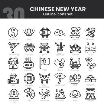 Chinese New Year Icons Bundle. Thin outline icon style. Vector illustration Stock Illustration