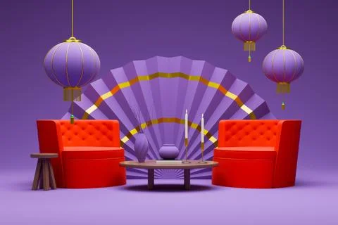 Chinese New Year interior with red armchairs on purple background. Stock Illustration