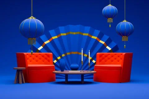 Chinese New Year interior with red armchairs on blue background. Stock Illustration