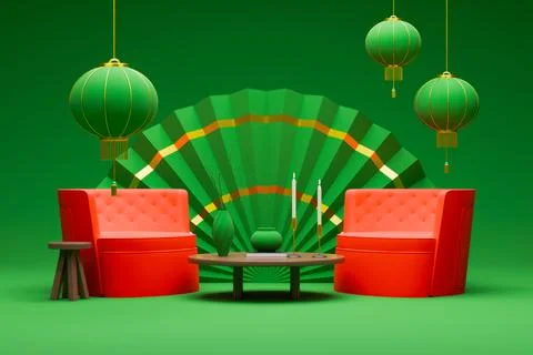 Chinese New Year interior with red armchairs on green background. Stock Illustration