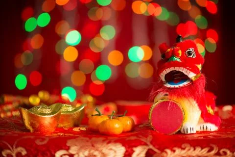 Chinese New Year objects on red glitter background Stock Photos