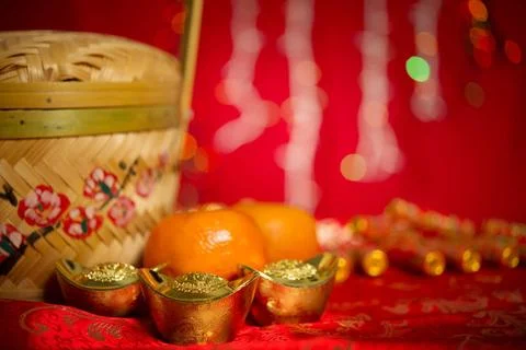 Chinese New Year objects on red background Chinese new year festival decor... 写真素材