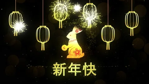 Chinese New Year of the rabbit background with golden fireworks. Year of the Stock Footage 228765897
