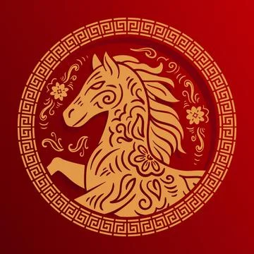 Chinese New Year of the Red Fire Horse. banner with gold Antique pattern, Asian Stock Illustration
