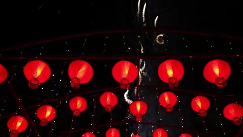 Chinese New Year Red Lanterns with Fireworks Stock Footage 333055864