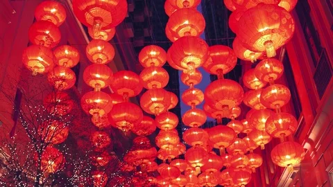 Chinese new year red paper latern decoration in Hong Kong city. Stock Footage