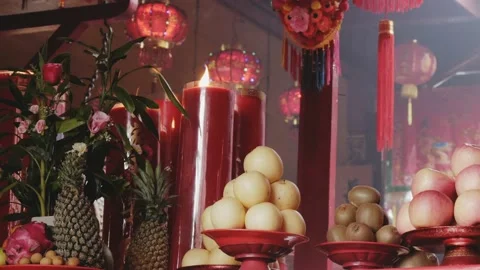 Chinese New Year, sacrificial offering food for pray to God Stock Footage 134282958