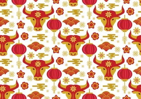 Chinese New Year seamless pattern. Year of the bull 2021 Repeating texture Illustrazione stock