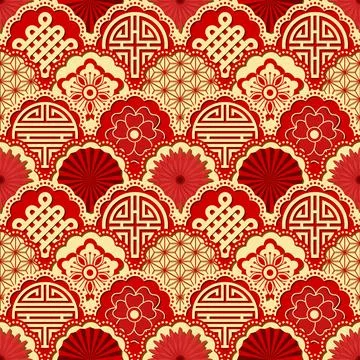 Chinese New Year Seamless Pattern with Scalloped Ornaments and Auspicious Sy Stock Illustration