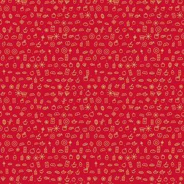 Chinese New Year seamless pattern, gold line icons on red background 스톡 일러스트
