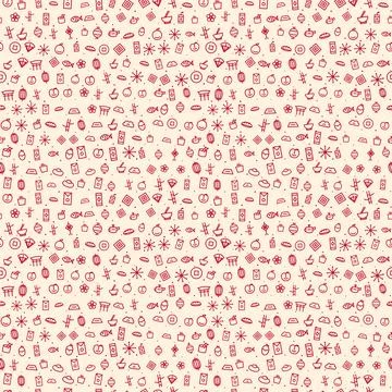 Chinese New Year seamless pattern, red line icons on cream background 库存插图