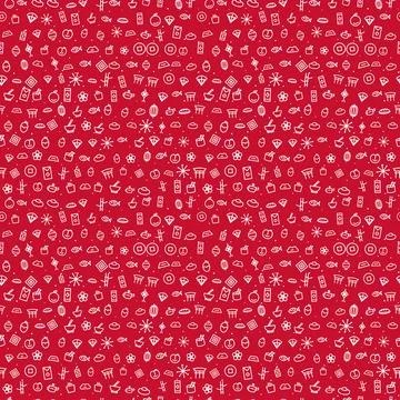 Chinese New Year seamless pattern, white line icons on red background 스톡 일러스트
