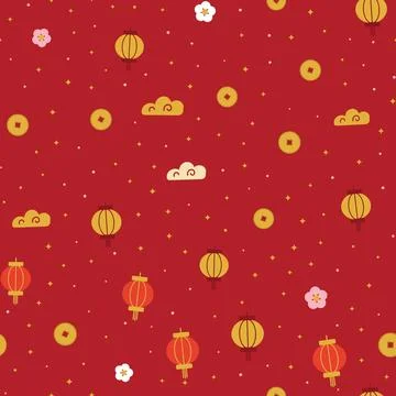 Chinese New Year seamless pattern with golden and red paper lanterns, gold Stock Illustration