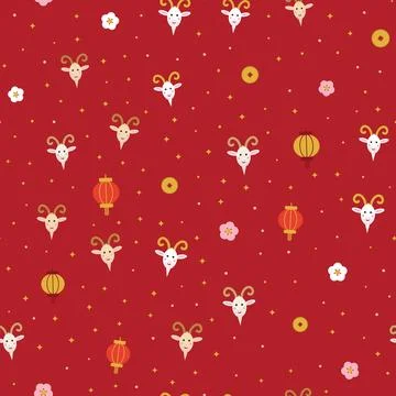 Chinese New Year seamless pattern with cute goat faces, red lanterns, gold Stock Illustration