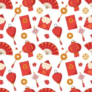 Chinese new year seamless pattern with red lanterns fans envelopes and gold c Stock Illustration