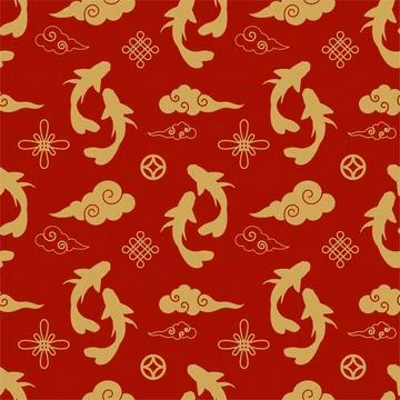 Chinese new year seamless pattern with gold fish clouds and traditional coi.. Stock Illustration