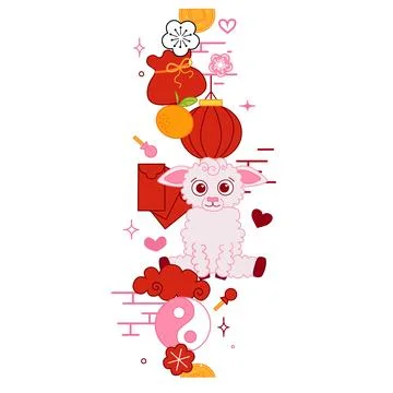 Chinese new year Vector Decorations with cute sheep, lantern elements, clouds Illustrazione stock