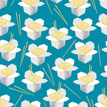 Chinese noodles in box pattern seamless. Traditional food in China background Stock Illustration